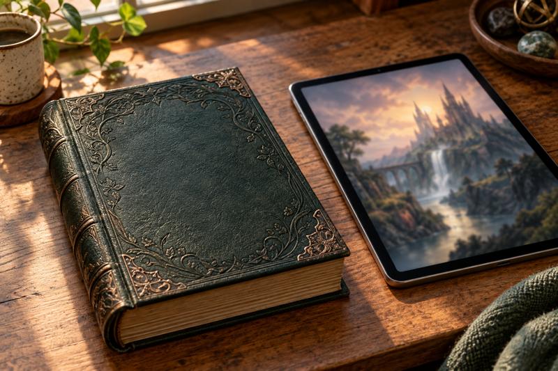 Tablet com PDF de RPG ao lado de livros impressos