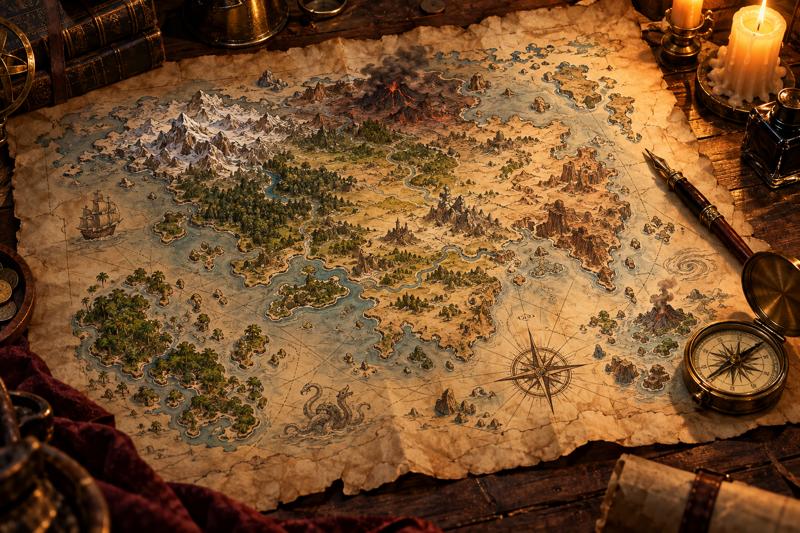 Caderno de campanha aberto com mapa e anotações do mundo